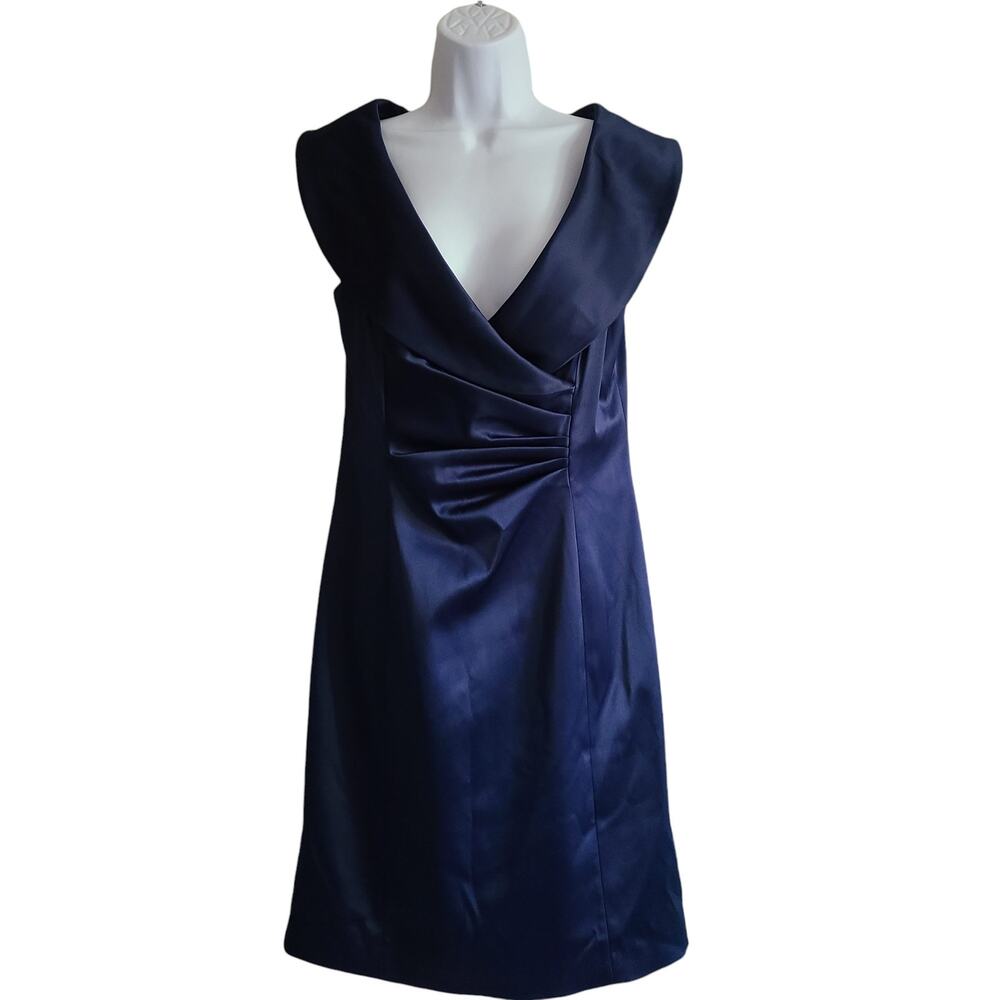 ELIZA J Ruched Front‎ Deep V-Neck Midi Sheath Dress Navy Blue EJ0M9558 Women's 6